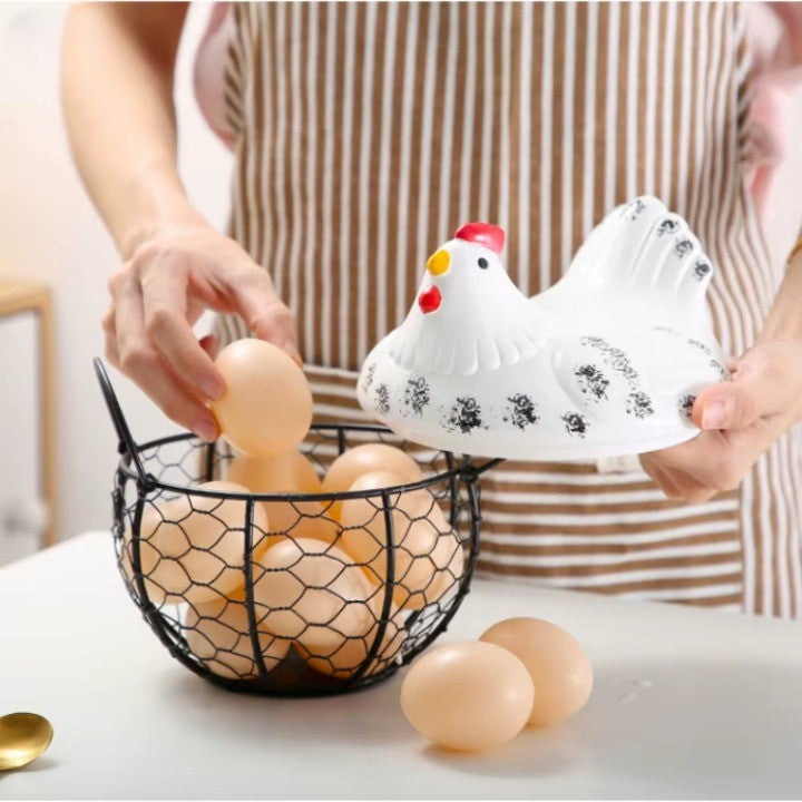 Ceramic Egg Holder Chicken with Wire Basket