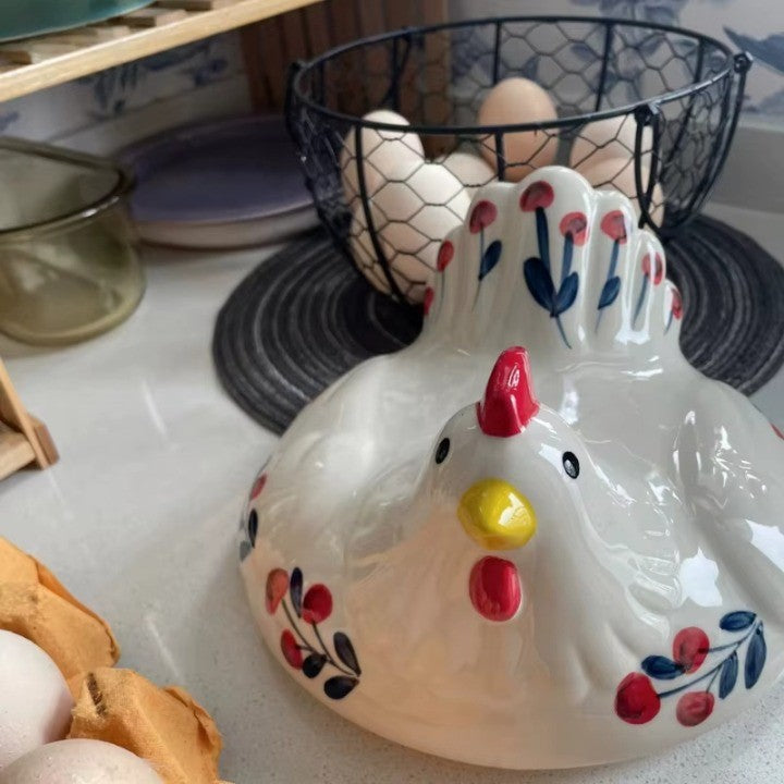 Ceramic Egg Holder Chicken with Wire Basket