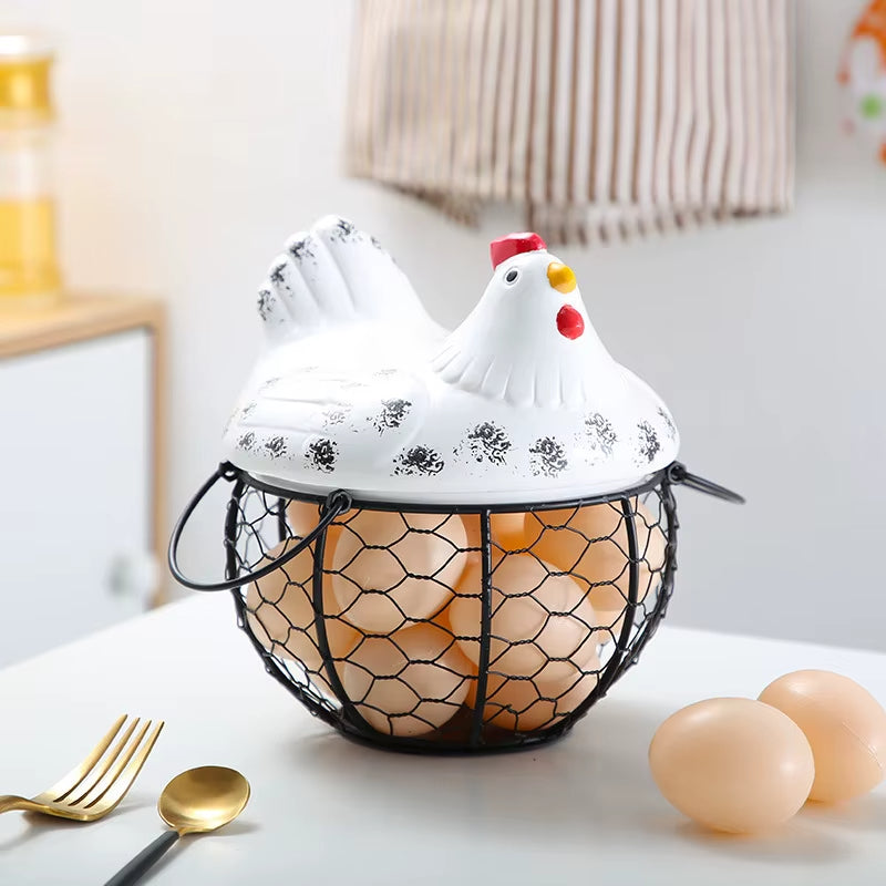 Ceramic Egg Holder Chicken with Wire Basket