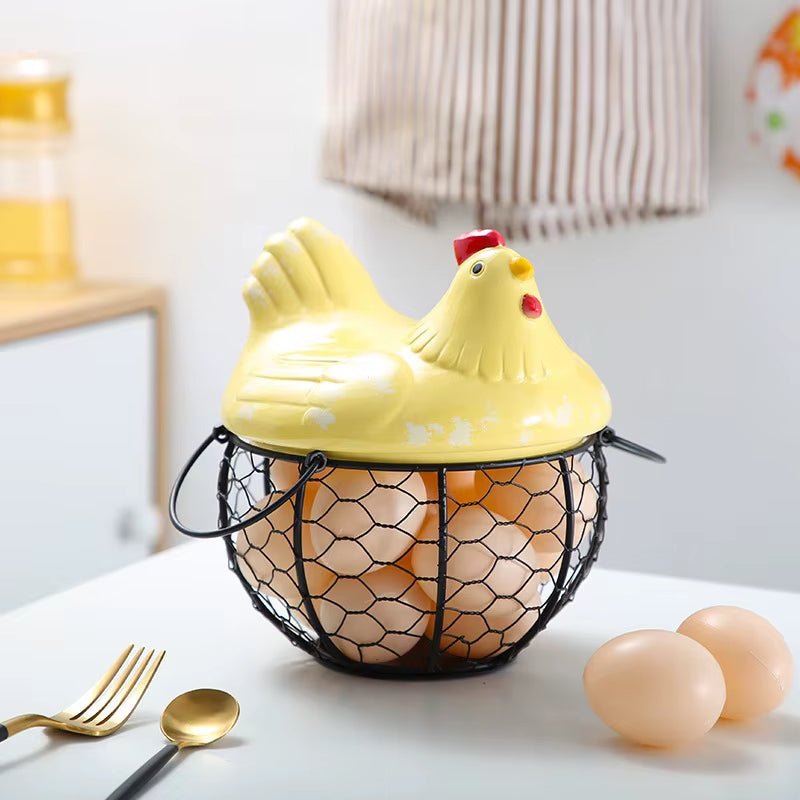 Ceramic Egg Holder Chicken with Wire Basket