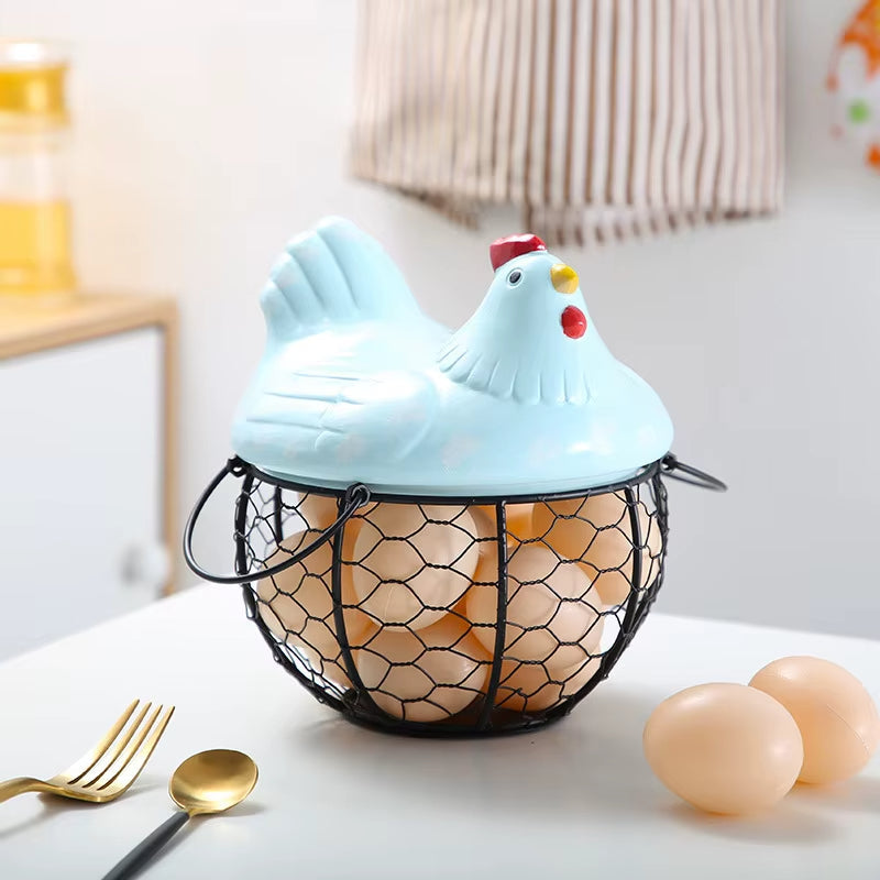 Ceramic Egg Holder Chicken with Wire Basket