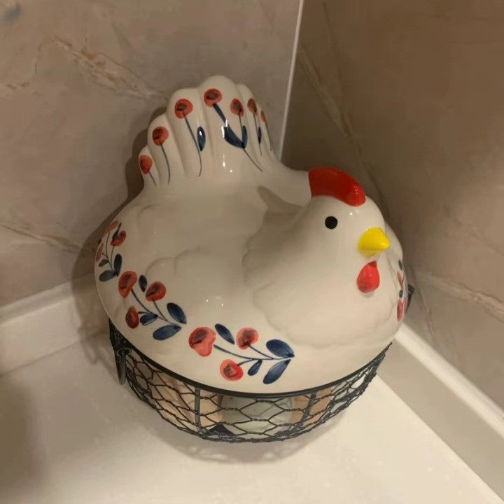 Ceramic Egg Holder Chicken with Wire Basket