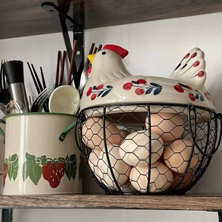 Ceramic Egg Holder Chicken with Wire Basket