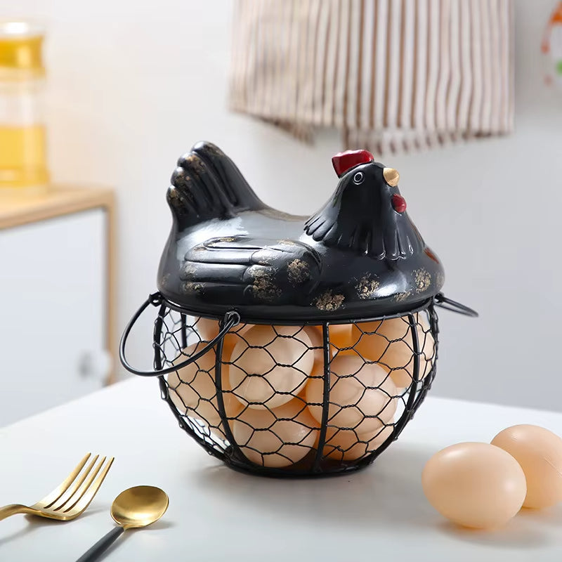 Ceramic Egg Holder Chicken with Wire Basket
