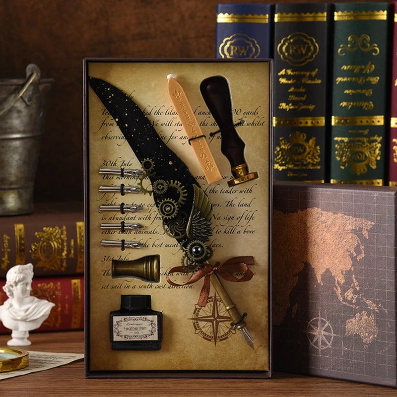 Steampunk Creative Feather Pen Set with 5 Nibs Ink Bottle Stamp