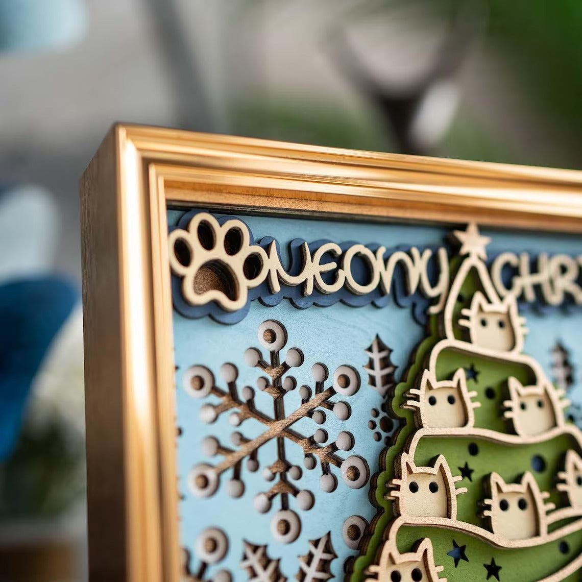 Christmas Cat Wooden Wall Art: Multi-Layer Mandala, Holiday Decor