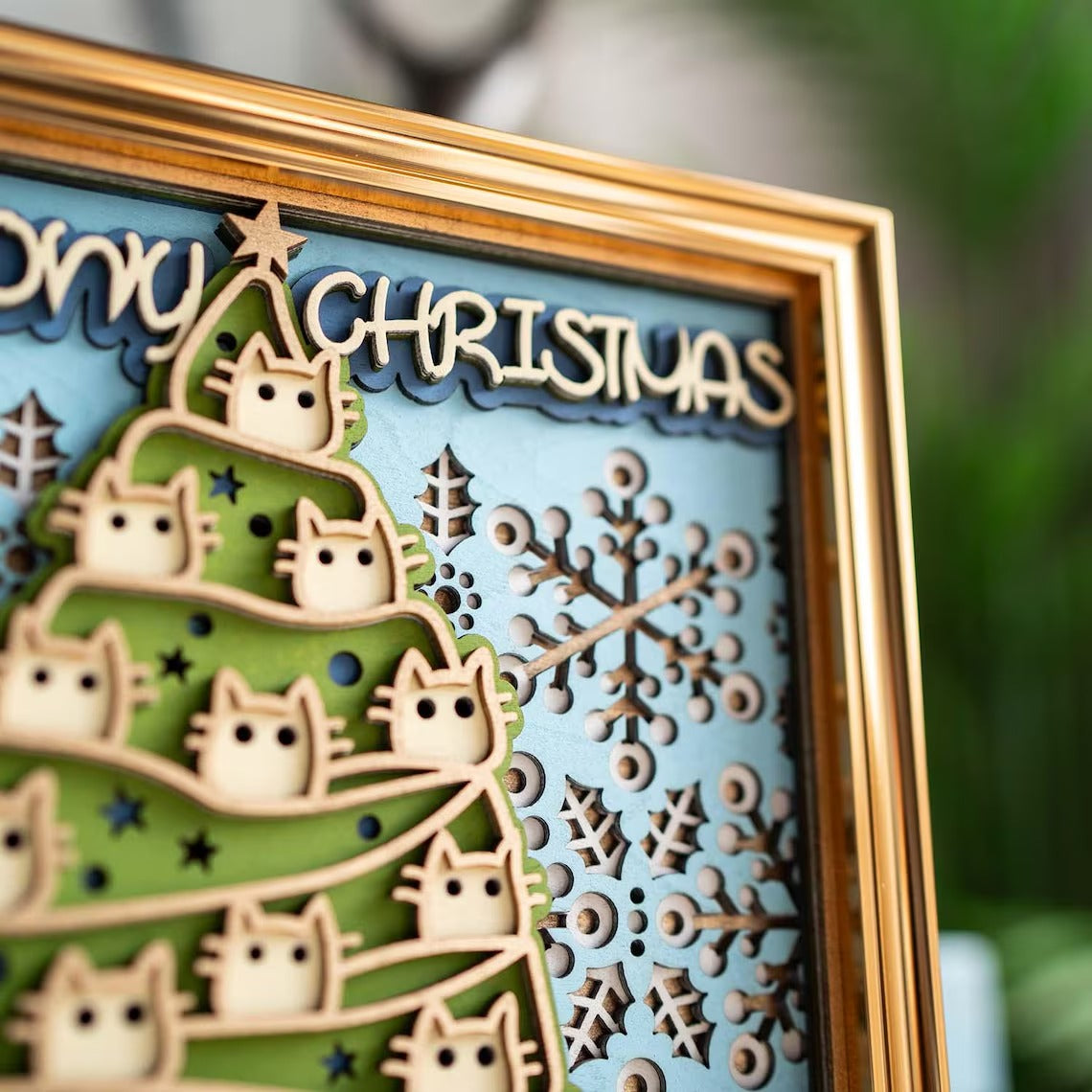 Christmas Cat Wooden Wall Art: Multi-Layer Mandala, Holiday Decor