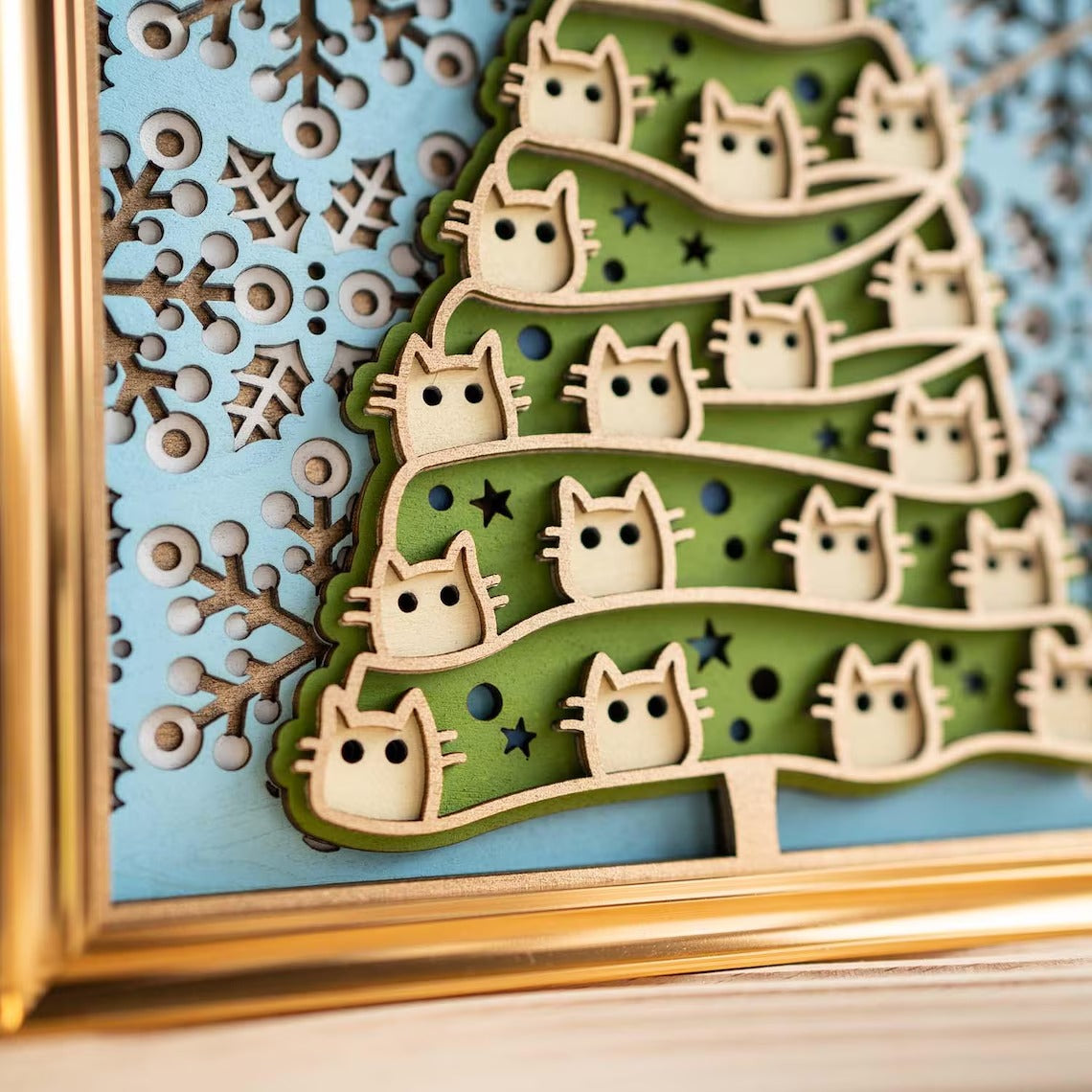 Christmas Cat Wooden Wall Art: Multi-Layer Mandala, Holiday Decor