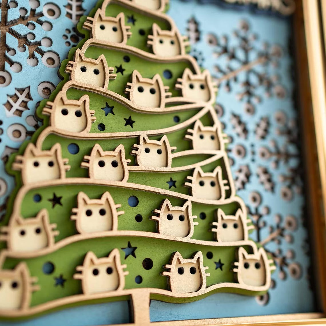 Christmas Cat Wooden Wall Art: Multi-Layer Mandala, Holiday Decor