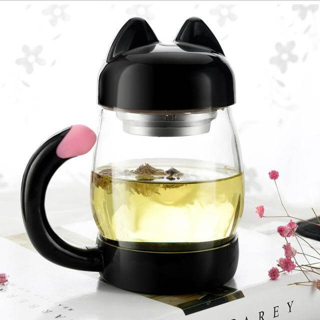 Bonita taza de cristal con forma de gato y filtro para té