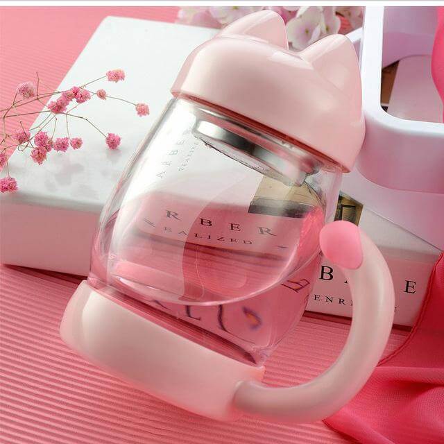 Bonita taza de cristal con forma de gato y filtro para té