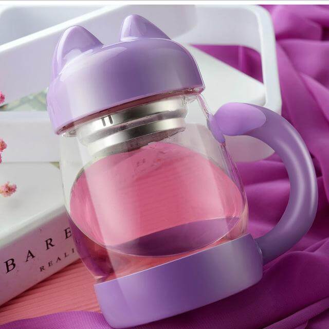 Bonita taza de cristal con forma de gato y filtro para té