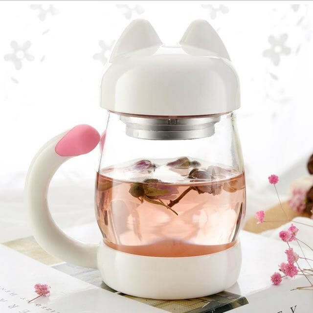 Bonita taza de cristal con forma de gato y filtro para té